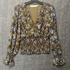 NEW ASTR The Label Top Womens Large‎ Brown Blue Floral Faux Wrap Cropped Smocked